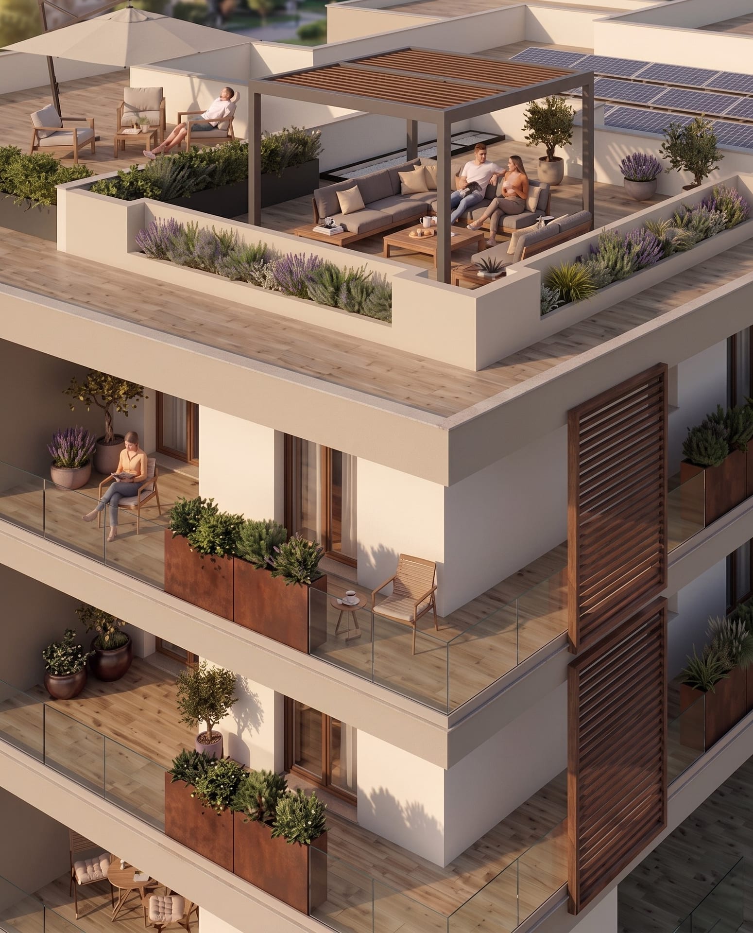 Copertura di ELEVA con impianto fotovoltaico e pergola